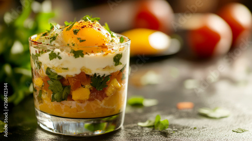 Gourmet appetizer verrine layer with egg yolk and vegetables in glass