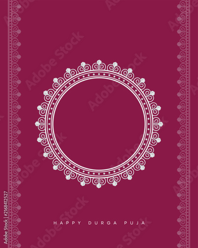 Elegant Durga Puja circular arch frame with traditional ornamental paisley motifs, decorative side borders, and a deep red background, ideal for festive greetings, invitations, banners, Navratri 