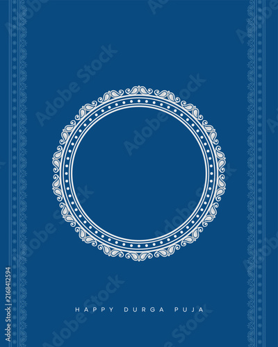 Puja circular ornamental frame with intricate floral motifs, decorative side borders, and a purple to blue gradient background, ideal for Navratri, Mahalaya, Kali Puja, Diwali, festive greetings