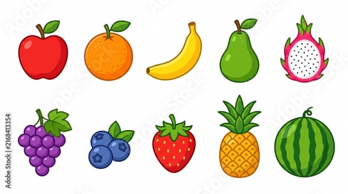 Tropical fruit vector set with pineapple, mango, papaya, avocado, watermelon, banana, coconut, orange, kiwi, and passion fruit isolated on white.