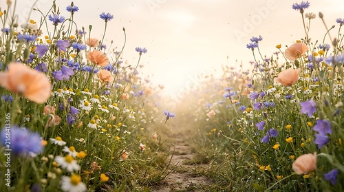 A low angle view of a beautiful field filled with blooming purple and orange flowers at sunset