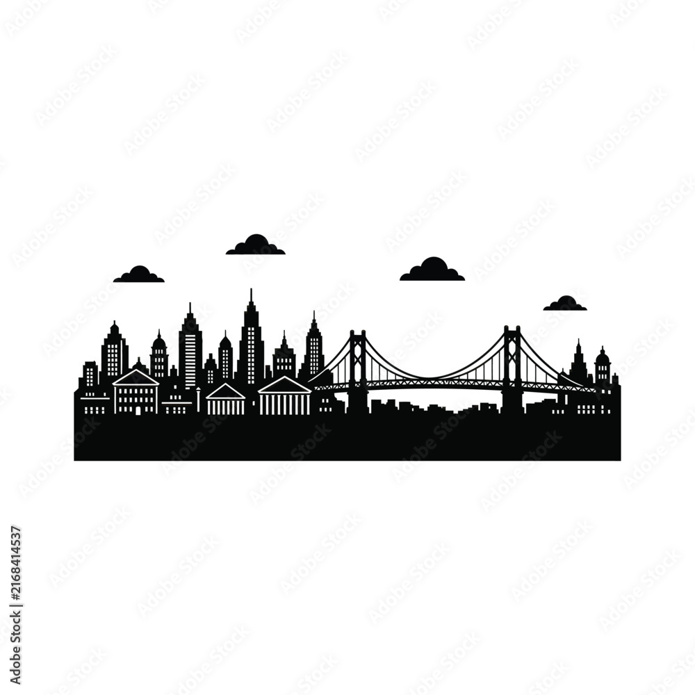 Obraz premium Modern city skyline with suspension bridge and skyscrapers silhouette vector icon illustration isolated on background