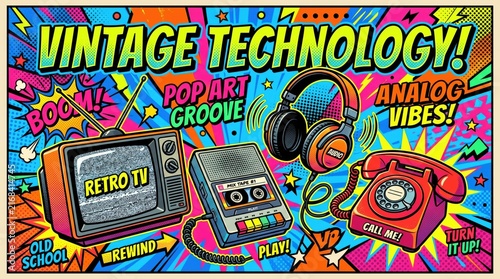 Retro 80s 90s vintage tech vector illustration pattern with boombox, cassette player, tv, camera, headphones, joystick, and telephone.