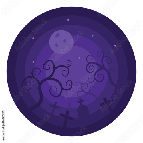 Creepy Cemetery with Rising Hand, Curly Trees and Full Moon, Flat Purple Halloween Vector for Stickers, Crafts and Spooky Decorations