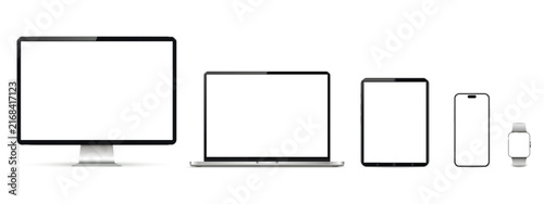 Realistic computer screen, laptop, tablet, smartphone and smartwatch devices on white background isolated