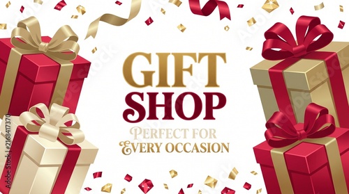 Gift shop banner decorated with wrapped presents and ribbons.