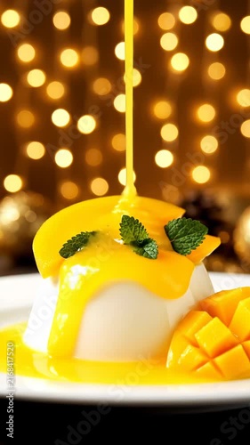 Delicious Creamy Panna Cotta Dessert Topped with Fresh Tropical Mango Puree and Mint Leaves for Elegant Festive Gourmet Occasion