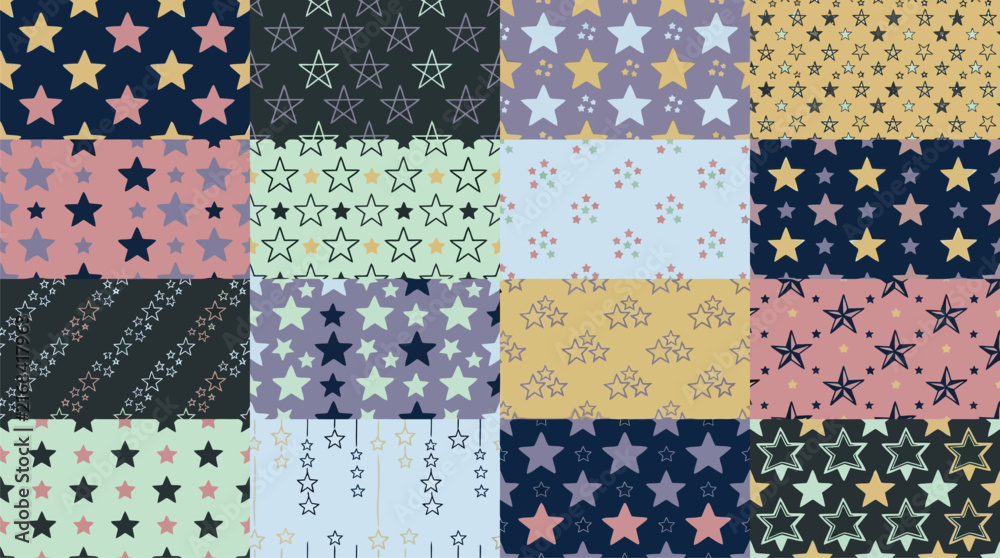 Fototapeta premium Assorted star patterns in vector illustration with diverse color palettes for seamless design