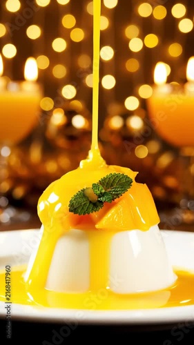 Deliciously smooth mango panna cotta dessert served with fresh fruit sauce and mint garnish in a luxury restaurant setting