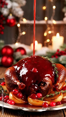 Festive Roasted Holiday Turkey Glazed with Tart Cranberry Sauce for a Traditional Christmas Dinner Celebration Table Setting
