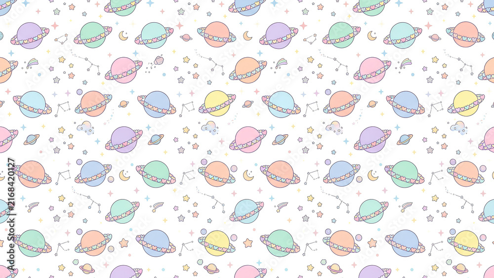 Seamless Pattern with Cute Pastel Planets and Stars.