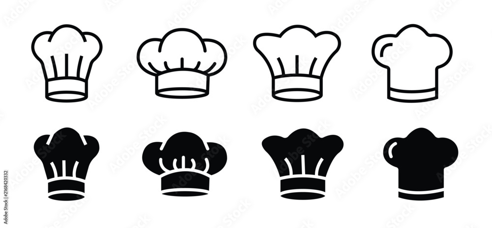 Obraz premium Professional chef hat toque kitchen headwear icon set in line and solid style. Stylized culinary headwear designs for restaurant branding, kitchen logos, cooking apps, and food industry graphics. 
