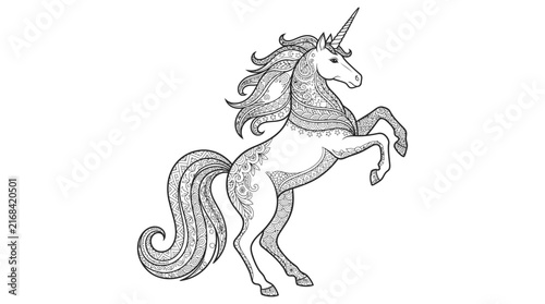 Intricate unicorn illustration features detailed linework against a black background