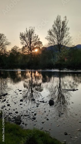 Golden sunset over calm river with tall trees silhouettes reflected in water and mountains in background, peaceful evening landscape nature footage in countryside during golden hour twilight