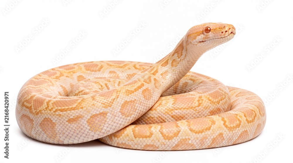 Fototapeta premium Albino python snake with beautiful golden patterns coiled elegantly in a high resolution studio photograph isolated on white background