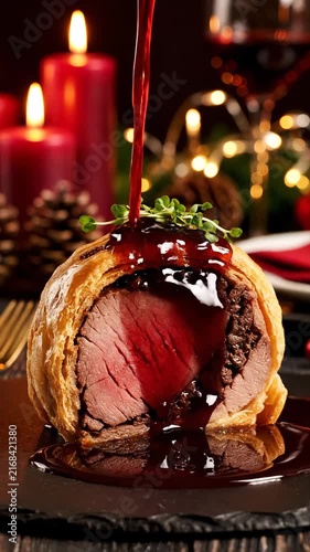 Elegant Beef Wellington Served with a Rich Red Wine Reduction Sauce for a Festive Holiday Dinner Celebration