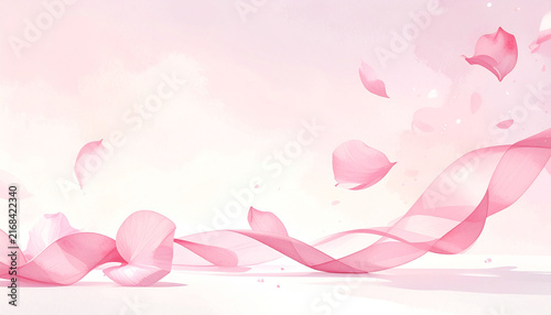 桜の花びらが舞う水彩風のピンク色背景　春の訪れを感じさせる淡い色彩と優雅なリボン状のライン　メッセージカードやWebバナー作成に適した文字入れ用コピースペースのあるおしゃれなデザイン素材