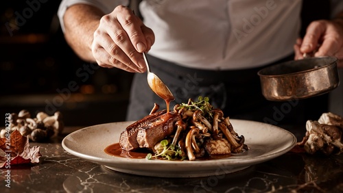 Chef pouring rich sauce over steak dish with wild mushrooms. Professional cook plating meat dinner in restaurant kitchen