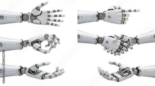 Set of mechanical robotic hands showing different gestures and poses isolated on white background isolated on transparent background