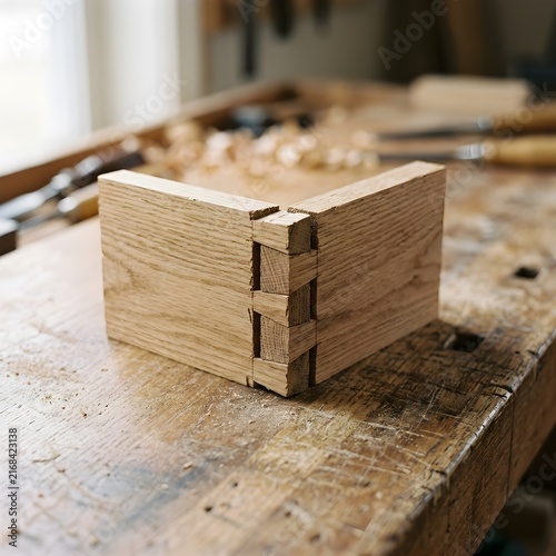 Handcrafted dovetail wood joint assembled on rustic carpenter workbench
