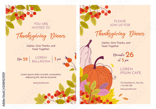 Thanksgiving dinner invitations with pumpkins, autumn leaves, berries. Set of seasonal templates with fall produce surrounding central copy space and text. Colorful flat design vector illustrations.