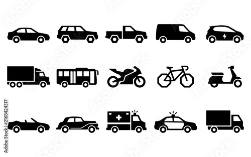 A comprehensive collection of black silhouette icons representing various types of modern transportation and every common road vehicle type