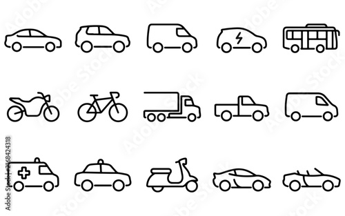A collection of simple black line icons representing various types of modern vehicle transportation for web and mobile design