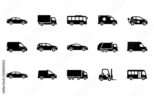 A collection of black silhouette icons representing various types of transport and every common public or private vehicle