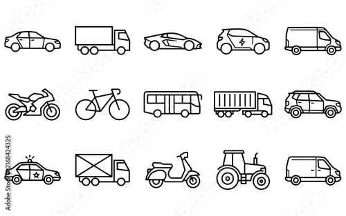 A collection of various vehicle icons featuring cars trucks motorcycles and public transportation in a simple line art style