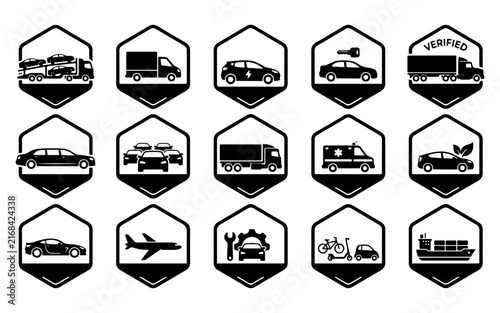 A collection of black and white icons representing various types of vehicle transport and automotive services for modern business