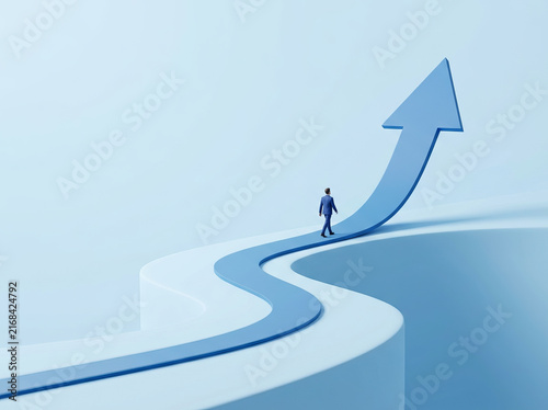 Business success, growth, and career progression with a businessman walking up a rising winding blue arrow path