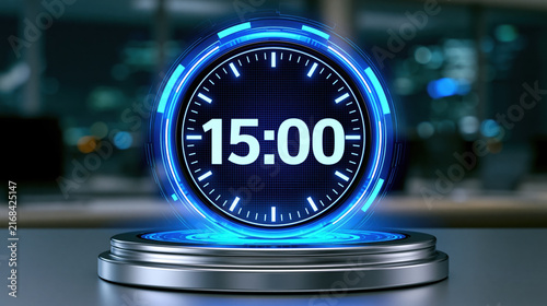 Futuristic digital clock display with glowing blue light on metallic platform creates high tech timekeeping concept in dark modern interior