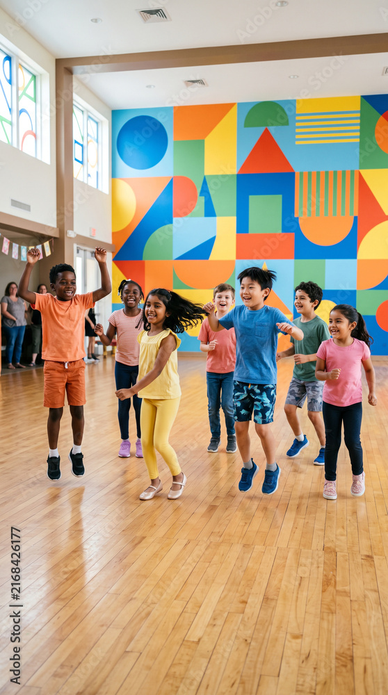 Obraz premium Diverse children practicing simple dance movements in an open community space, joy, movement and self-expression, dynamic poses, clean geometric background, Children's Day celebration concept