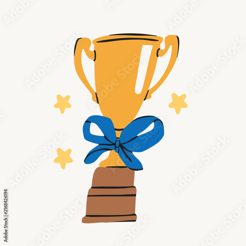 Winning Cup. Golden award, ribbon prize trophy. Winner, ceremony, championship, achievement, victory, success concept. Hand drawn Vector illustration. Isolated design element. Sticker, print template