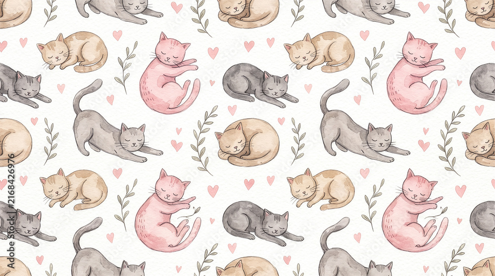 Obraz premium Cat 007 Watercolor Seamless Pattern of Stretching and Sleeping Cats, Pink Cat, Leaves and Hearts on White Background（白背景に伸びをする猫、丸くなって眠る猫、ピンクの猫、葉、ハートを描いた水彩シームレス柄）