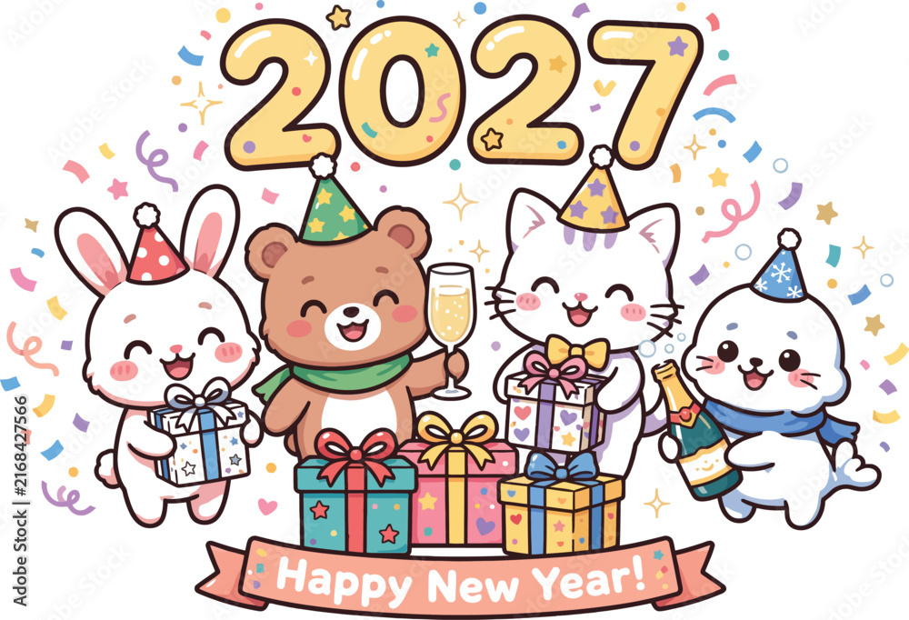 Fototapeta premium Cute New Year 2027 Animal Celebration IllustrationCute New Year 2027 Animal Celebration Illustration