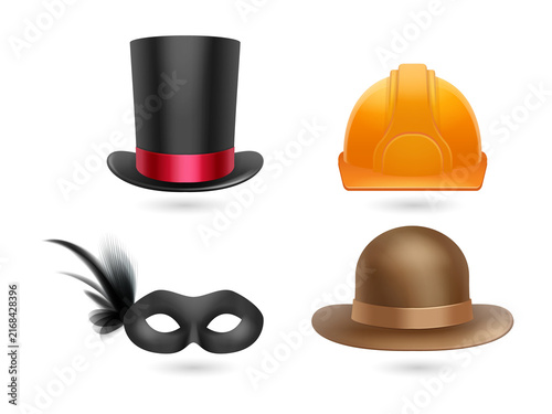 Four different hats and a masquerade mask on transparent background