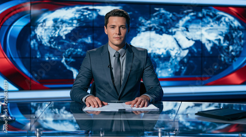 A male news anchor presenting at a desk in a television studio with a world map background.