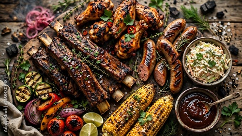 Delicious barbecue ribs chicken and grilled vegetables on wood