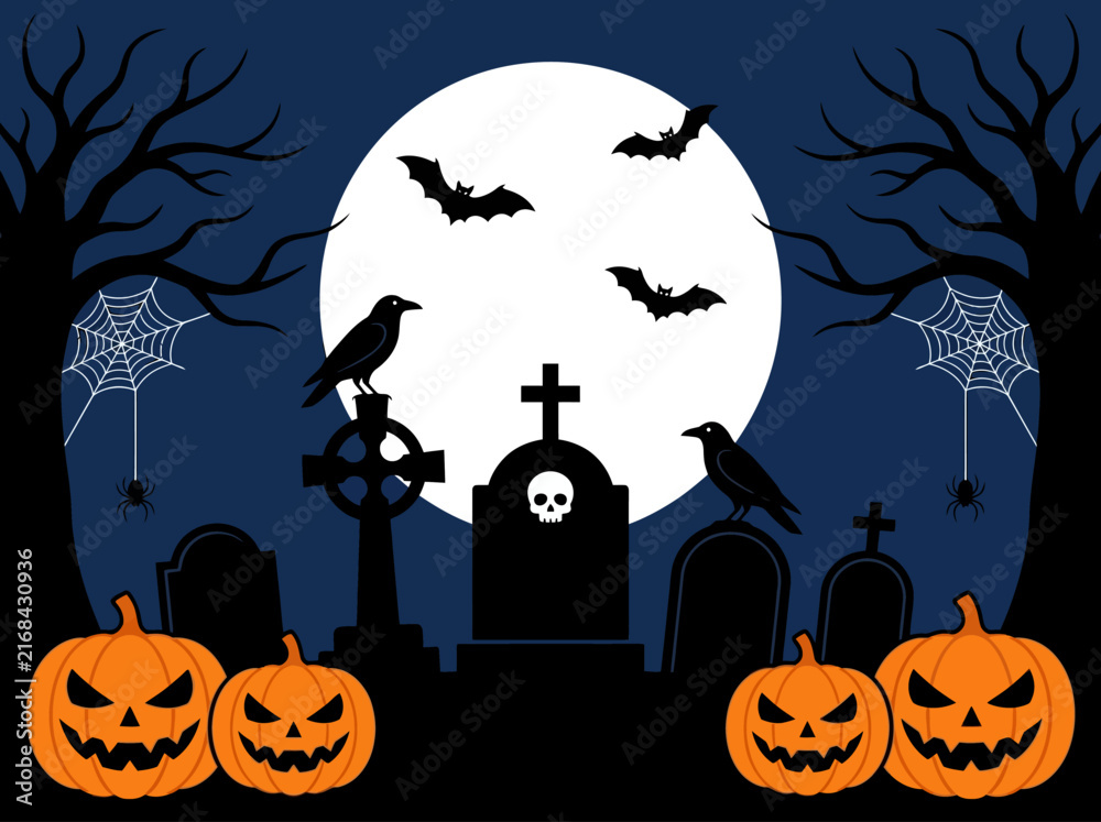 Fototapeta premium Spooky Halloween Graveyard Background with Jack-o-lanterns, Bats, and Full Moon Vector