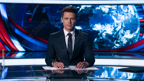 A male news anchor presenting at a desk in a television studio.