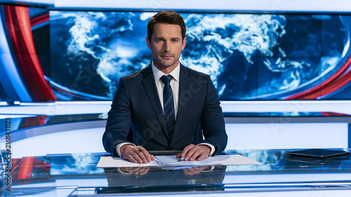 A male news anchor presenting at a desk in a television studio.
