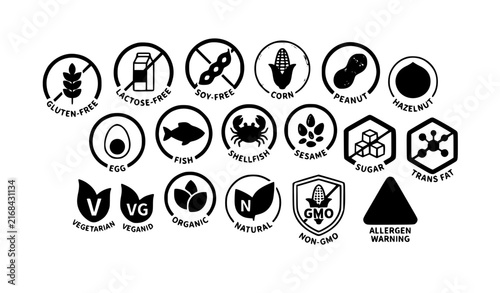 Food allergy ingredient warning and nutrition symbol collection with dietary labels vector