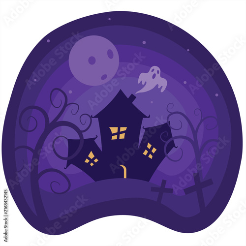 Haunted Halloween Mansion with Ghost and Moon, Purple Flat Vector Illustration for Stickers, Invitations, Crafts and Decorative Design