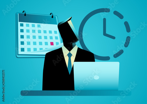 Full Time Work, Temporary Job, Schedule Concept with Businessman, Calendar, Clock and Laptop