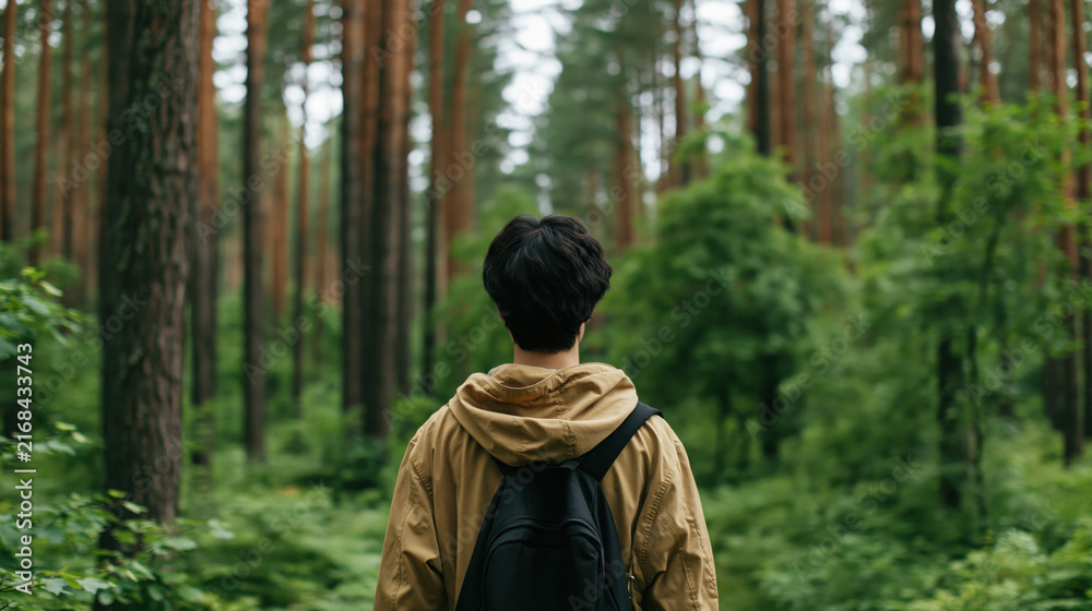 Fototapeta premium Back view of young Chinese man hiking into green pine forest with backpack, surrounded by tall trees and dense woodland vegetation, peaceful outdoor adventure scene