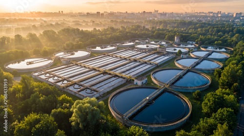 Aerial view of industrial wastewater treatment plant with circular sedimentation tanks and water filtration systems surrounded by lush green forest landscape at sunrise light