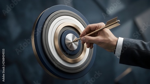 Business hand placing golden dart on bullseye target center achieving success strategy
