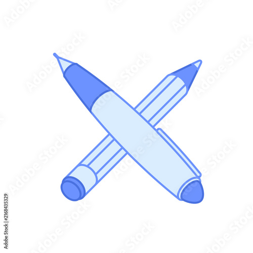 Crossed pencils vector icon with blue and red accents, representing education, drawing tools, creative design, school supplies, writing practice and artistic workspace.