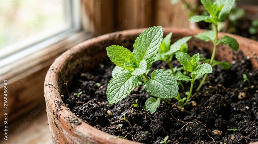 Naklejka premium Close-up of fresh green mint leaves sprouting from rich dark soil in a weathered terracotta pot, soft window light illuminating new growth, detailed herb gardening indoors, vibrant plant texture
